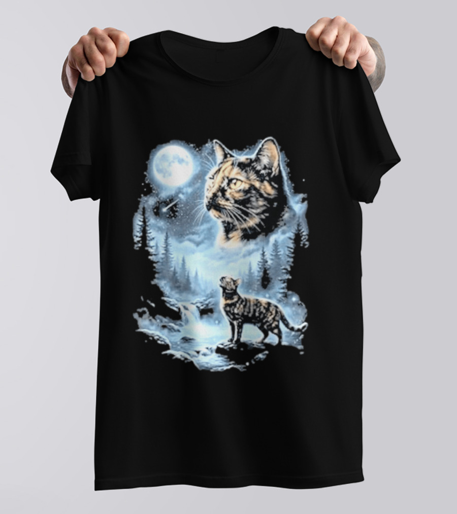 Tabby Cat Howling To The Moon Halloween Forest Scene T-Shirt