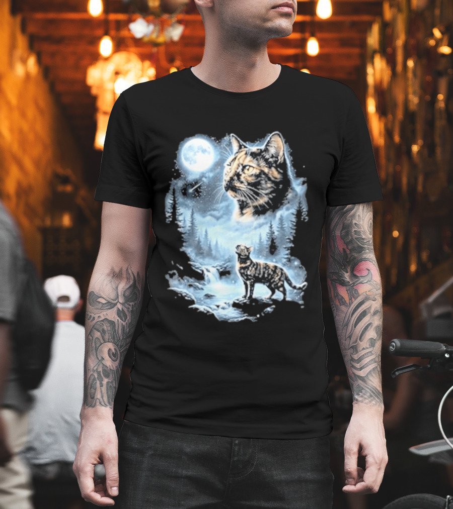 Tabby Cat Howling To The Moon Halloween Forest Scene T-Shirt