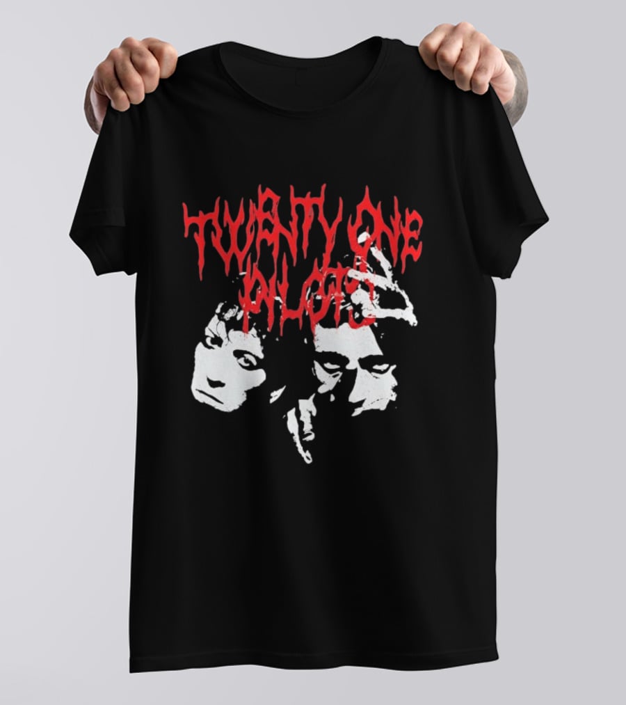 Twenty One Pilots Red Text Band Members Faces Dark Metal T-Shirt