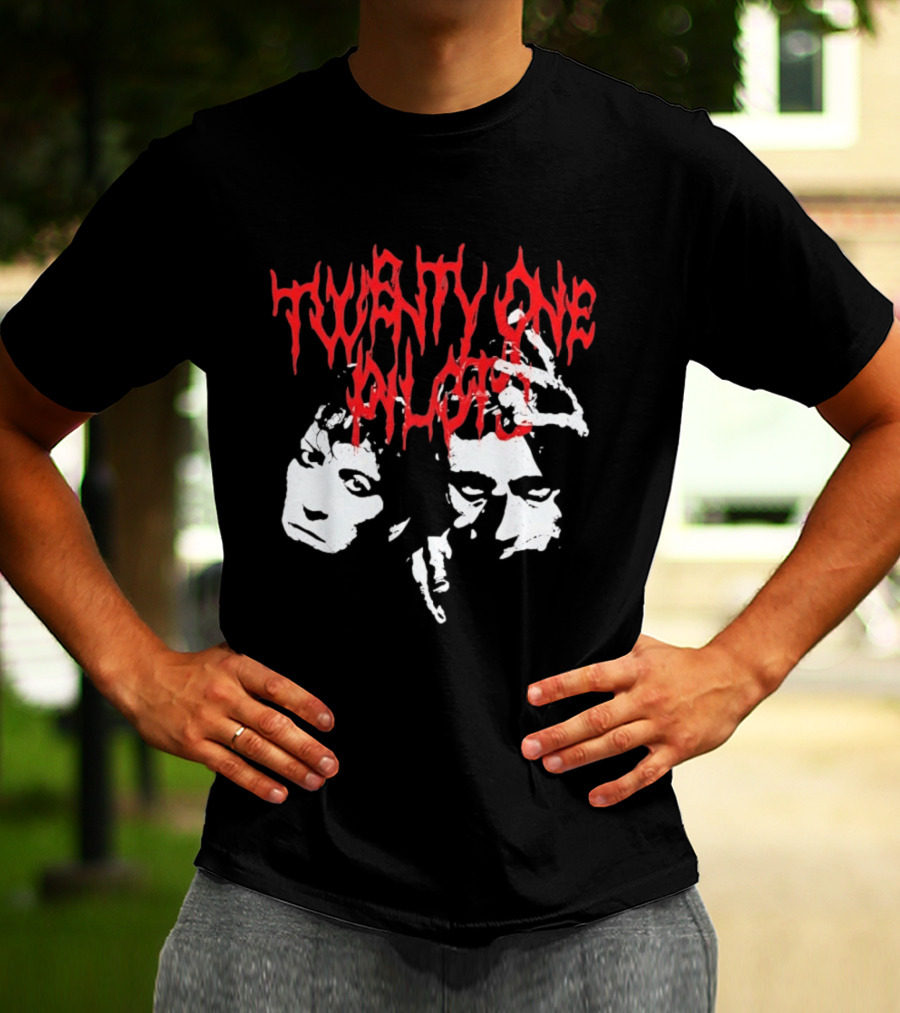Twenty One Pilots Red Text Band Members Faces Dark Metal T-Shirt