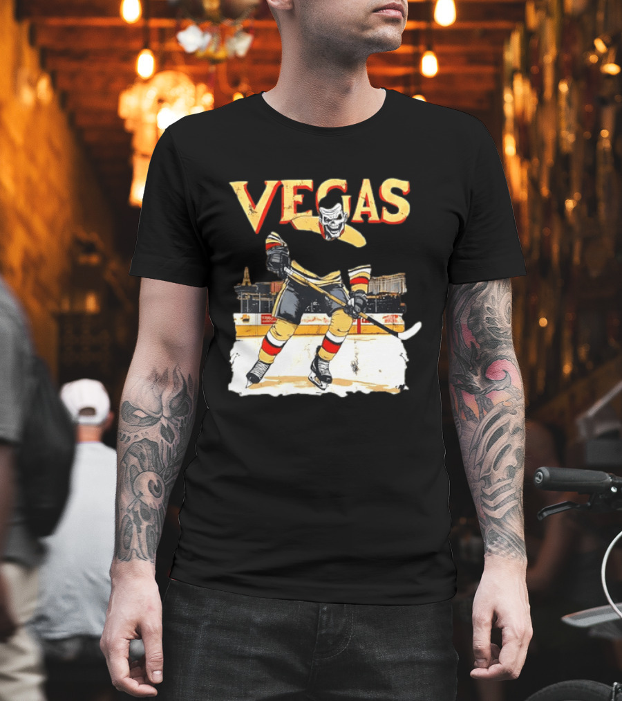 Vegas Hockey Skull Ice Arena Skyline Scene T-Shirt