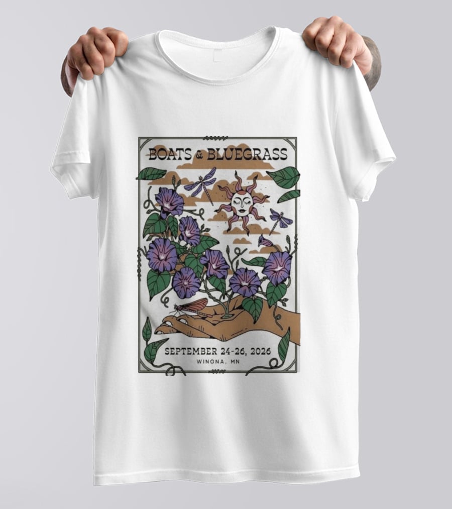 Boats And Bluegrass Winona MN September 24 26 2026 Sun Dragonflies Flowers Music Festival T-Shirt