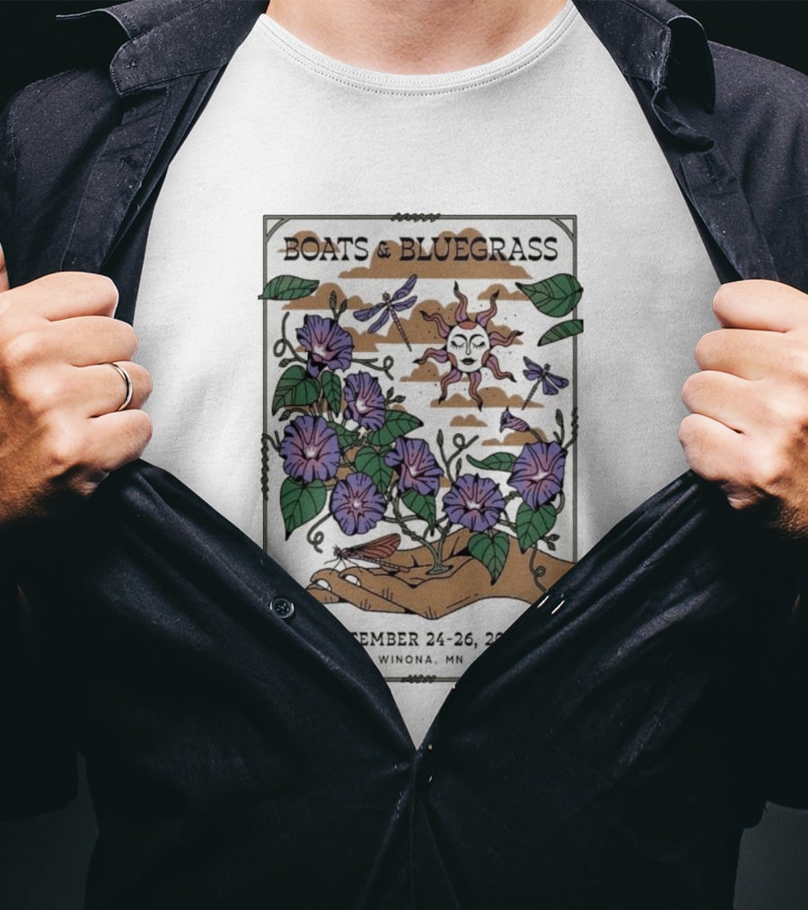 Boats And Bluegrass Winona MN September 24 26 2026 Sun Dragonflies Flowers Music Festival T-Shirt