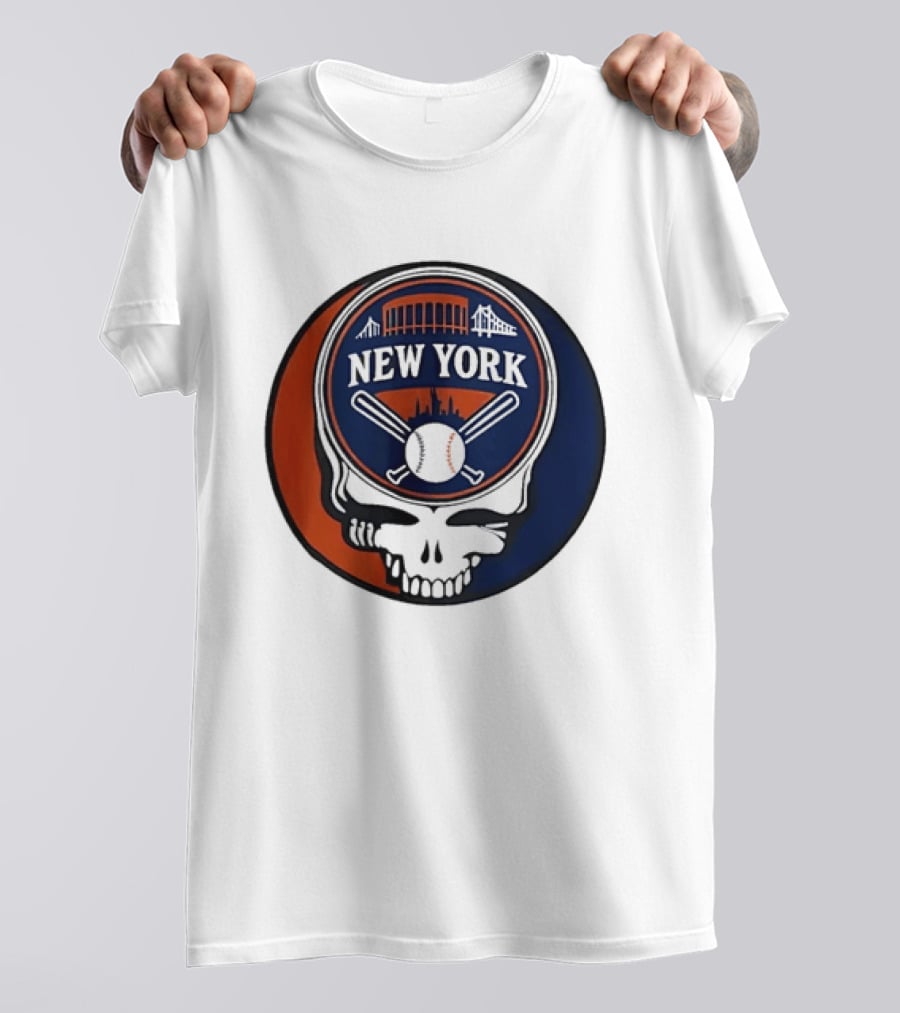 New York Mets Grateful Dead Skull Baseball Orange Blue Stadium T-Shirt