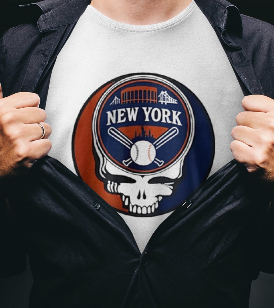 New York Mets Grateful Dead Skull Baseball Orange Blue Stadium T-Shirt