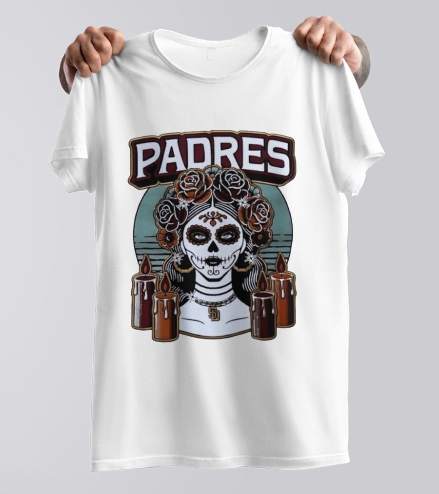 Padres Sugar Skull Woman With SD Pendant And Candles T-Shirt