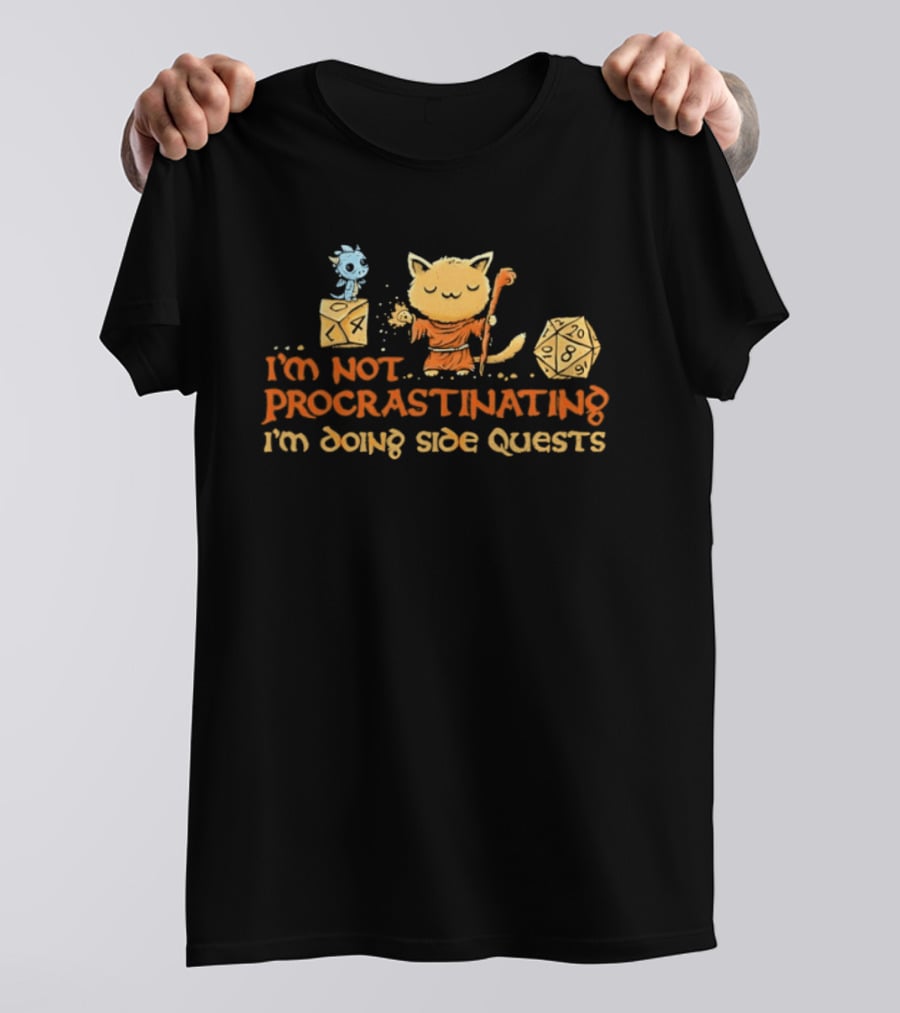 I'm Not Procrastinating I'm Doing Side Quests Cat Wizard Magic Adventure T-Shirt