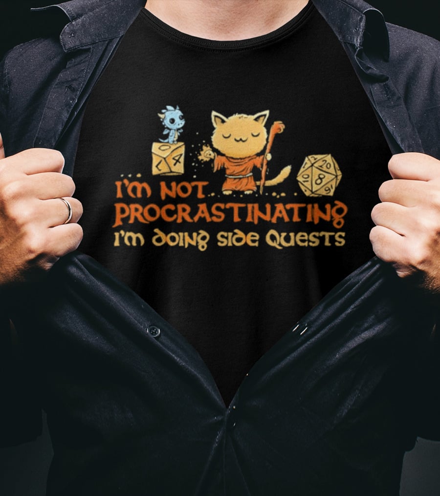 I'm Not Procrastinating I'm Doing Side Quests Cat Wizard Magic Adventure T-Shirt