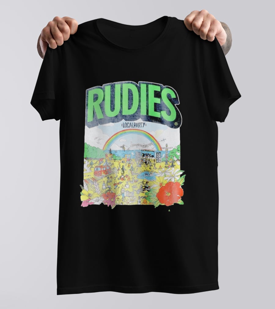 Rudie's 35th Anniversary Local Party Featuring 10 Feet G Freak Factory Dustboz Colorful Celebration With Rainbow And Flowers T-Shirt