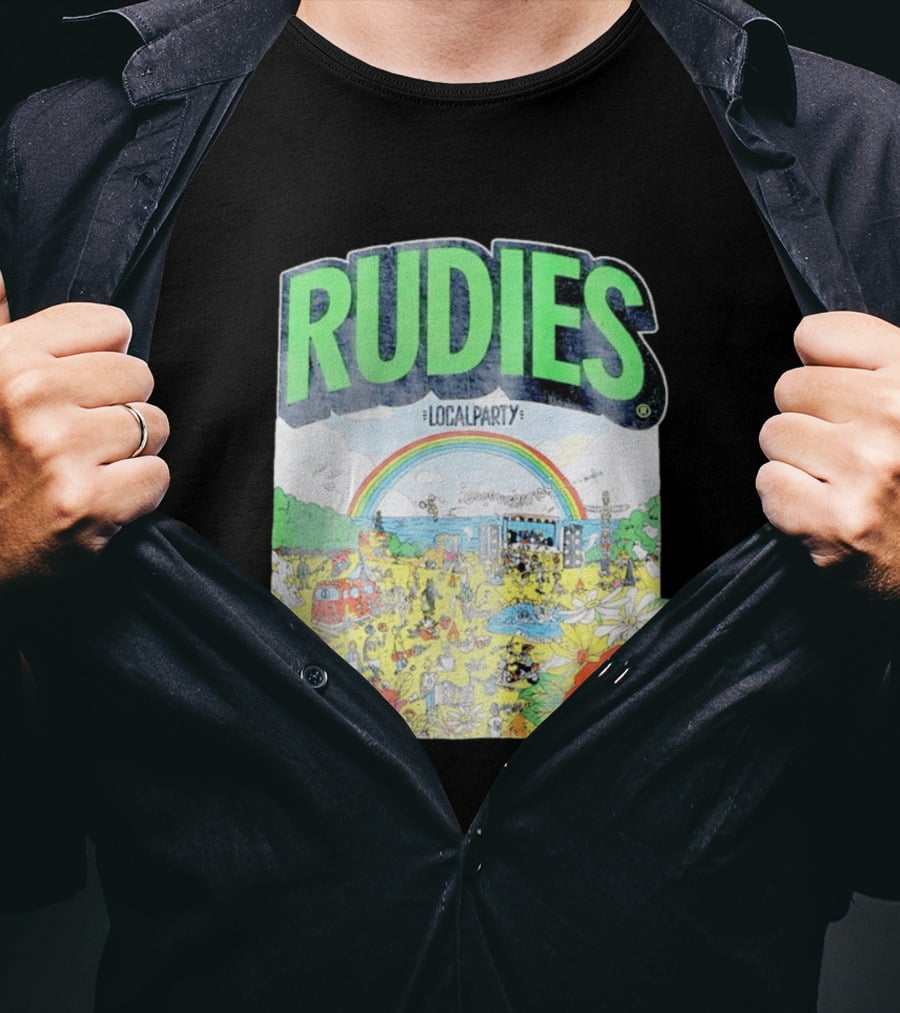Rudie's 35th Anniversary Local Party Featuring 10 Feet G Freak Factory Dustboz Colorful Celebration With Rainbow And Flowers T-Shirt