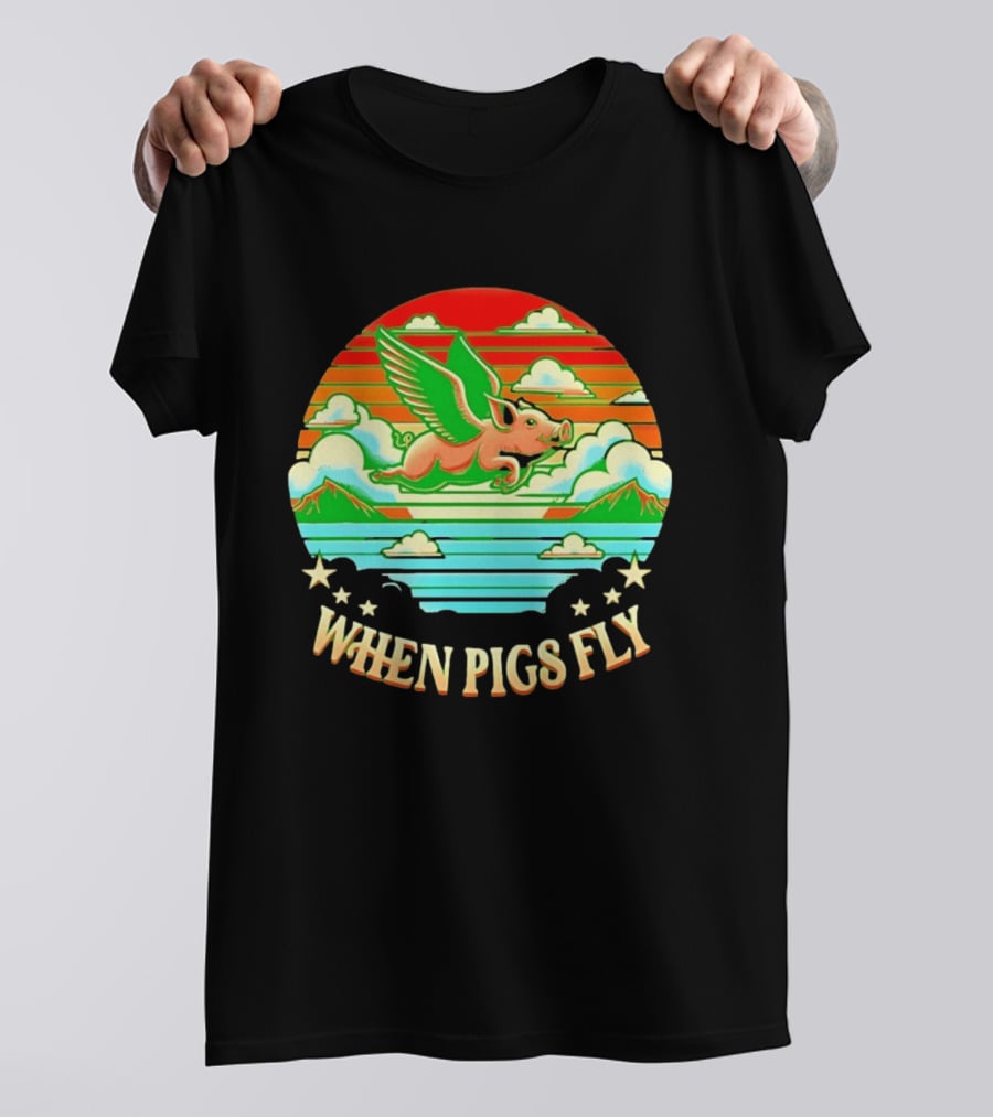 When Pigs Fly Flying Pig Whimsical Clouds And Stars T-Shirt