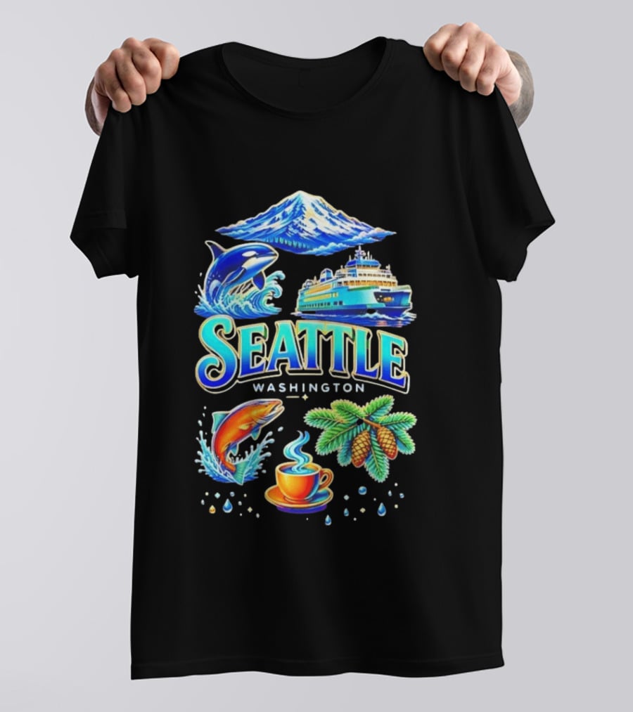 Seattle Washington Orca Whale Ferry Salmon Coffee Pine Cones Mount Rainier T-Shirt
