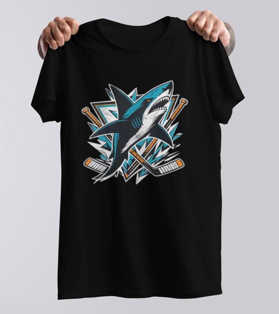 San Jose Sharks Hockey Attack Emblem With Shark And Crossed Hockey Sticks T-Shirt