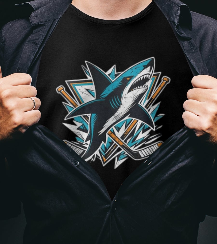 San Jose Sharks Hockey Attack Emblem With Shark And Crossed Hockey Sticks T-Shirt