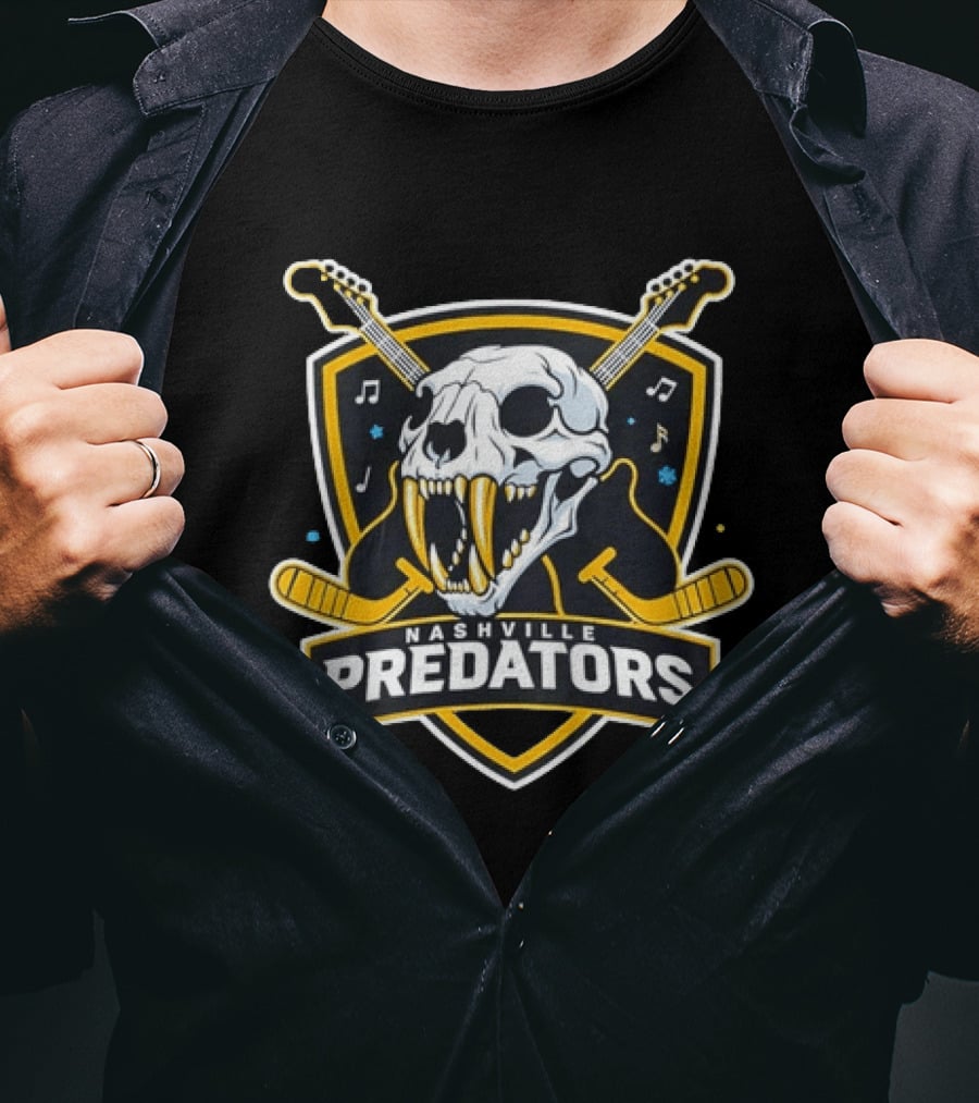 Nashville Predators Hockey Skull With Guitars And Music Notes T-Shirt