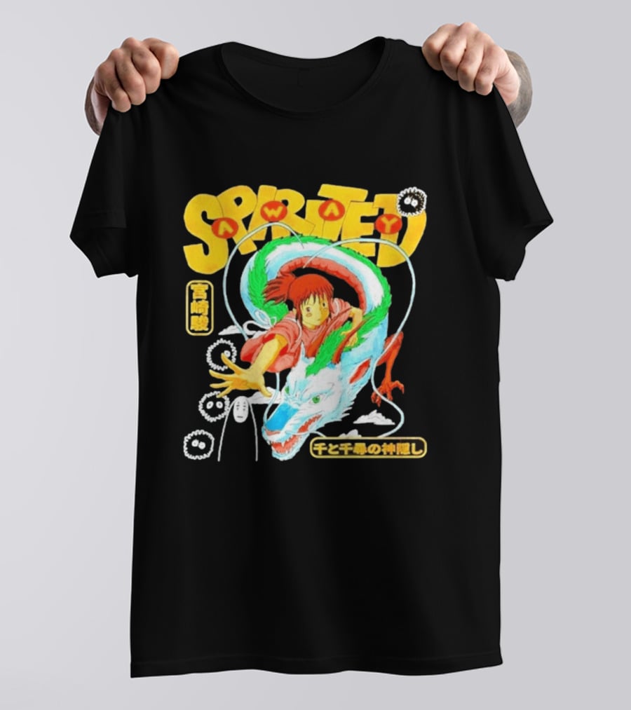Spirited Away Chihiro Riding Haku Dragon Japanese Text No Face Soot Sprites T-Shirt