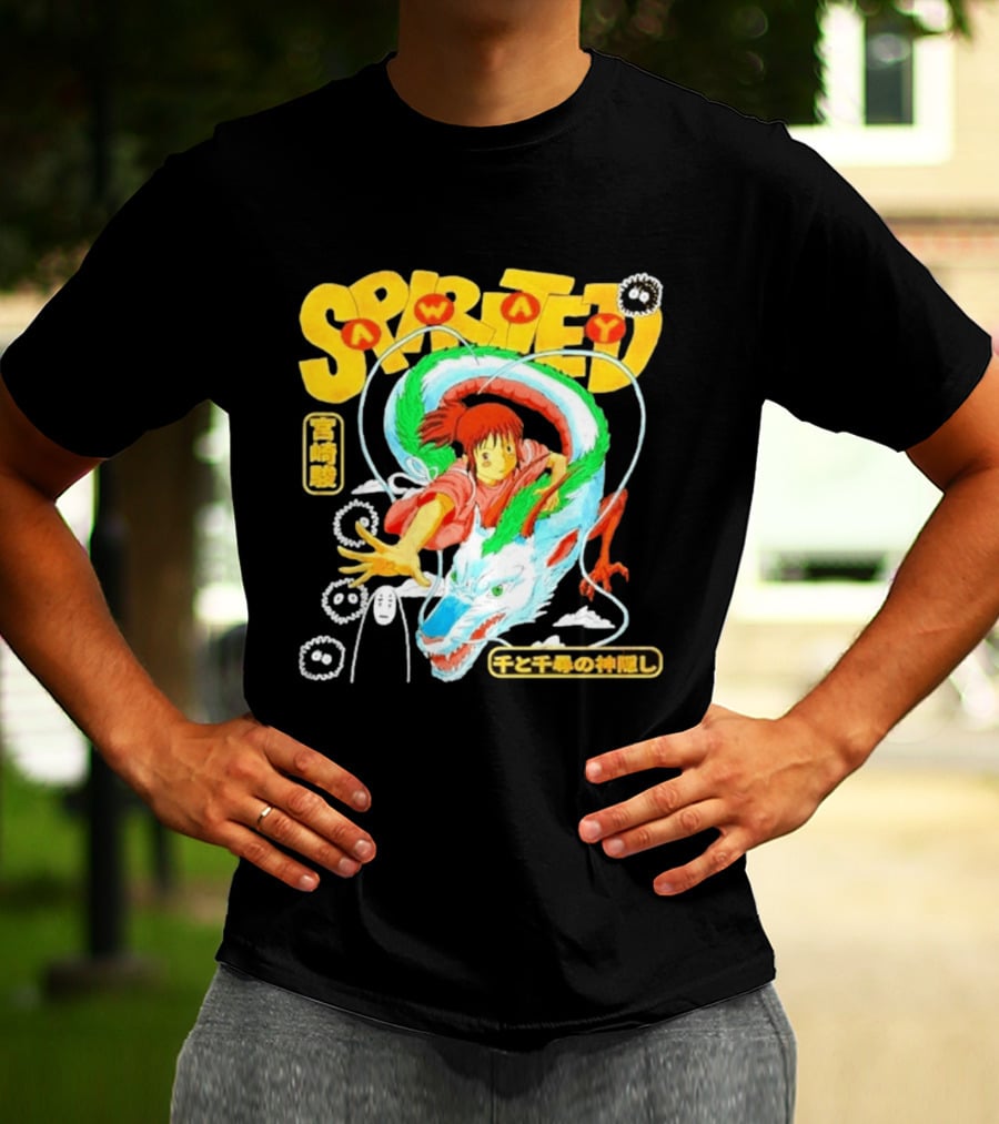 Spirited Away Chihiro Riding Haku Dragon Japanese Text No Face Soot Sprites T-Shirt
