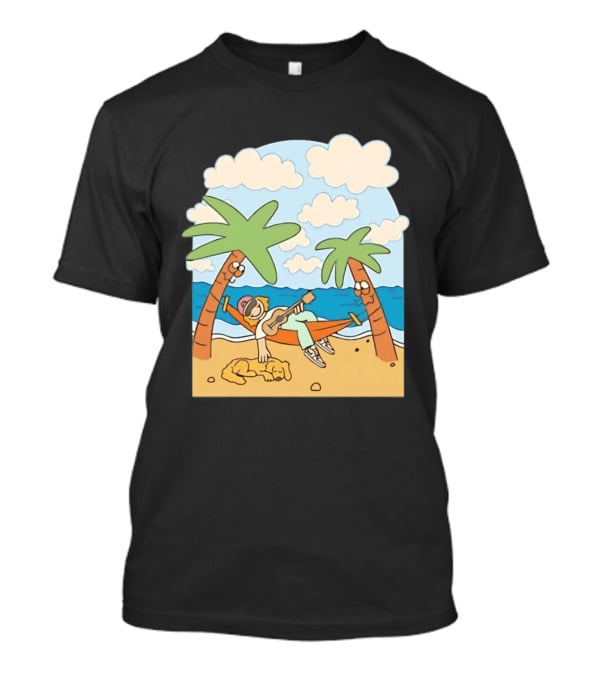 Hammock Guitar Player With Sleeping Dog On Tropical Beach Scene T-Shirt