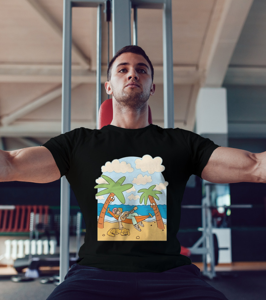 Hammock Guitar Player With Sleeping Dog On Tropical Beach Scene T-Shirt