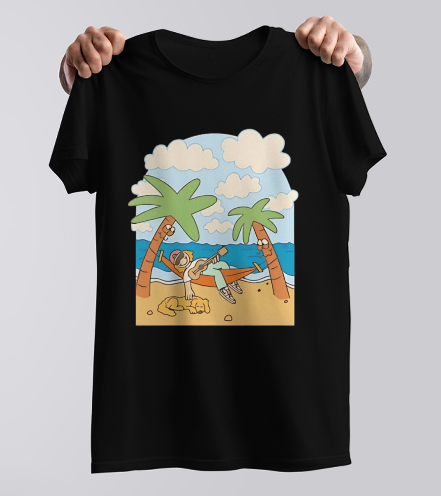 Hammock Guitar Player With Sleeping Dog On Tropical Beach Scene T-Shirt
