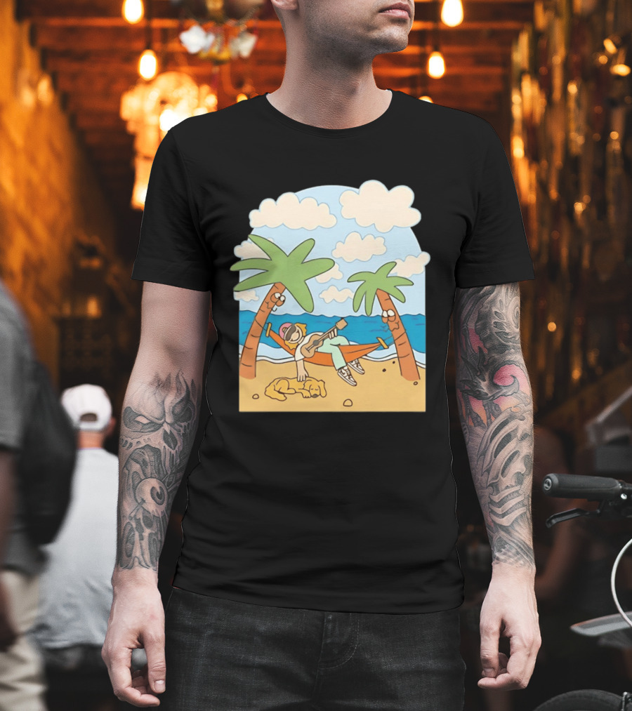 Hammock Guitar Player With Sleeping Dog On Tropical Beach Scene T-Shirt