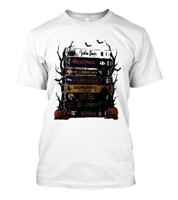 The Addams Family Hocus Pocus Beetlejuice Halloweentown Halloween II The Nightmare Before Christmas Goosebumps The Witches VHS Stack T-Shirt