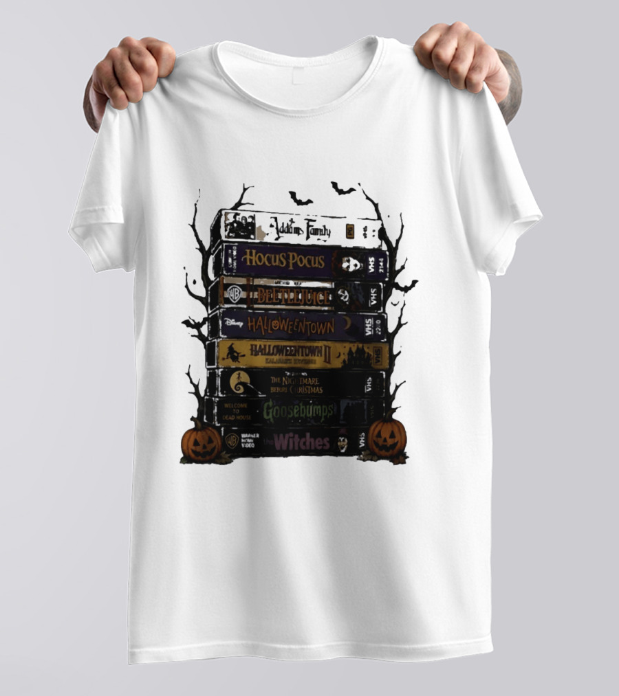 The Addams Family Hocus Pocus Beetlejuice Halloweentown Halloween II The Nightmare Before Christmas Goosebumps The Witches VHS Stack T-Shirt