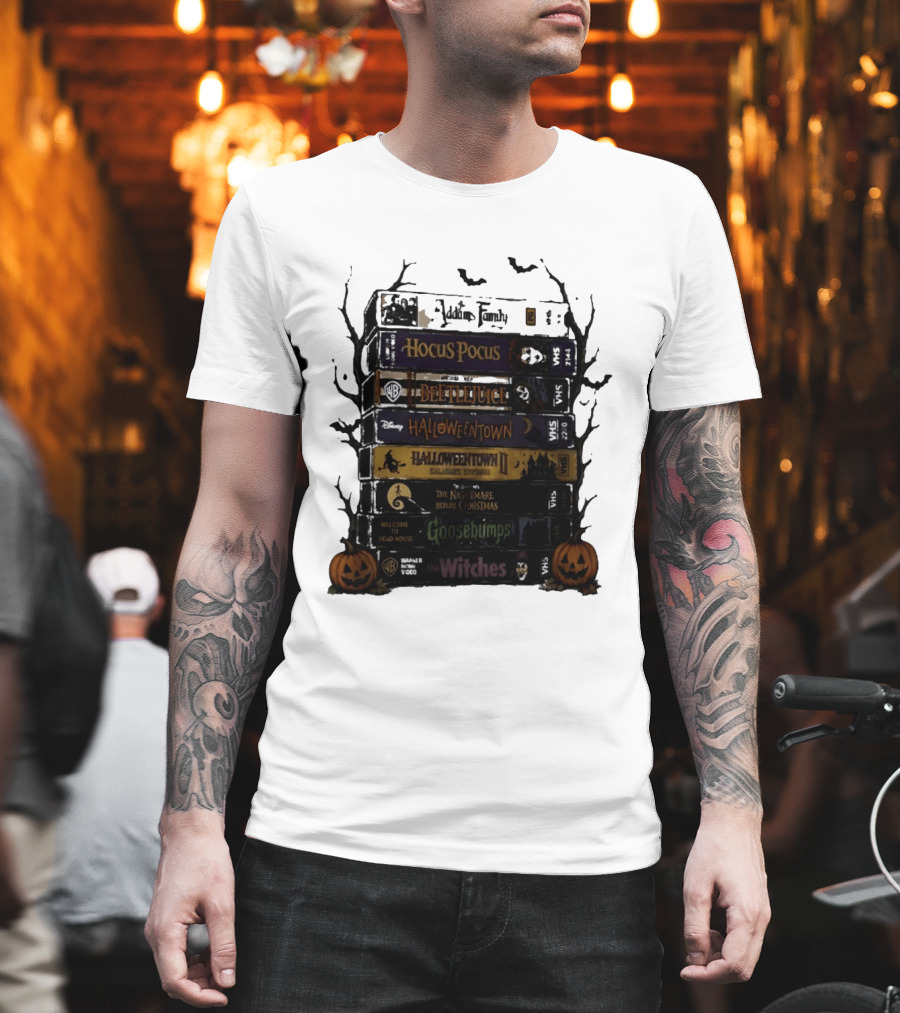The Addams Family Hocus Pocus Beetlejuice Halloweentown Halloween II The Nightmare Before Christmas Goosebumps The Witches VHS Stack T-Shirt
