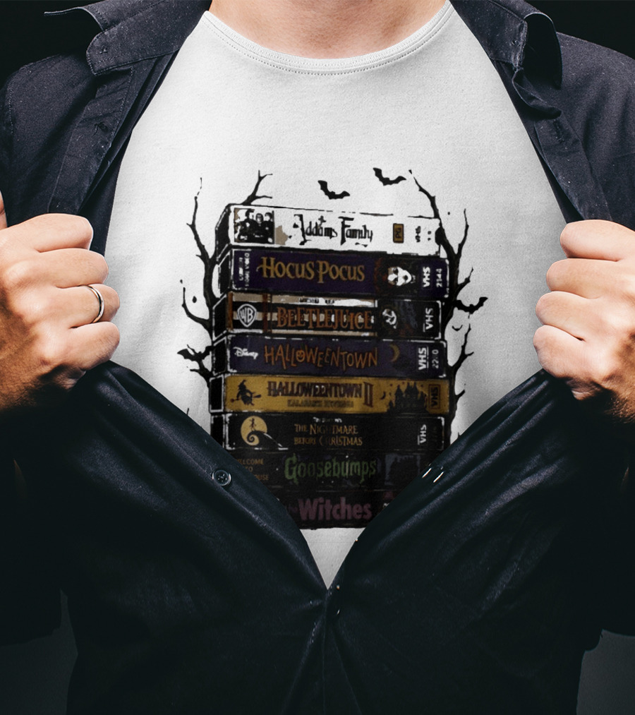 The Addams Family Hocus Pocus Beetlejuice Halloweentown Halloween II The Nightmare Before Christmas Goosebumps The Witches VHS Stack T-Shirt
