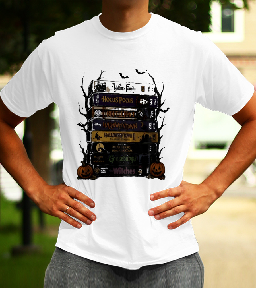 The Addams Family Hocus Pocus Beetlejuice Halloweentown Halloween II The Nightmare Before Christmas Goosebumps The Witches VHS Stack T-Shirt