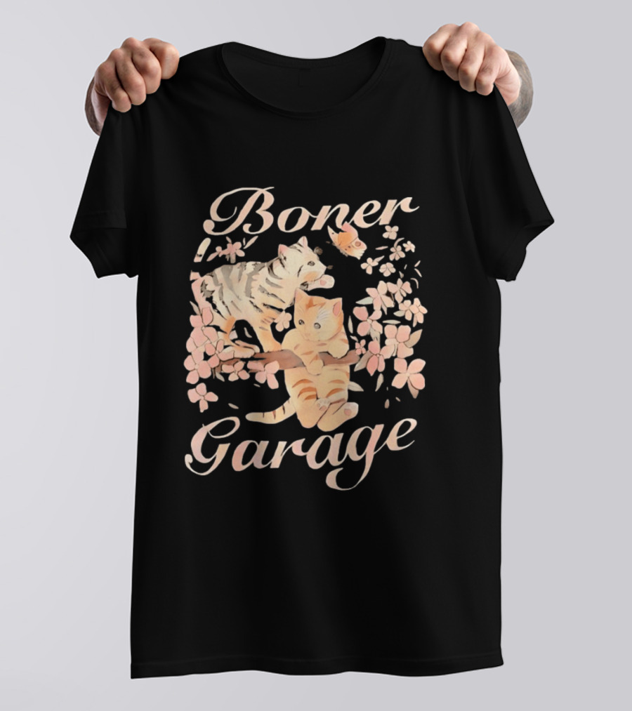 Boner Garage Cats Cherry Blossoms And Butterfly T-Shirt