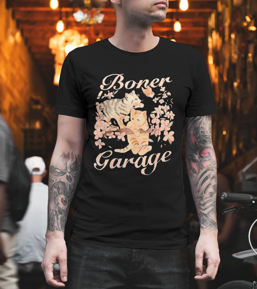 Boner Garage Cats Cherry Blossoms And Butterfly T-Shirt