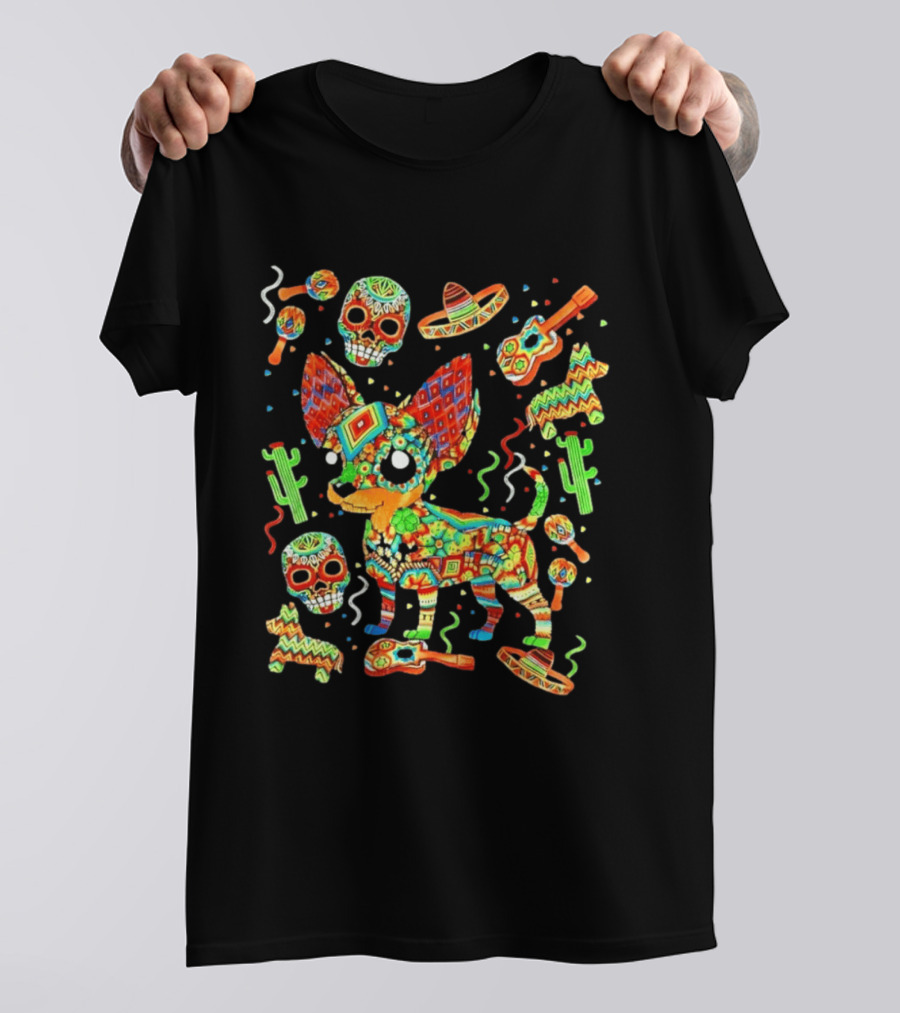 Fiesta Chihuahua Mexican Dia De Los Muertos Colorful Skull Sombrero Cactus Dog T-Shirt
