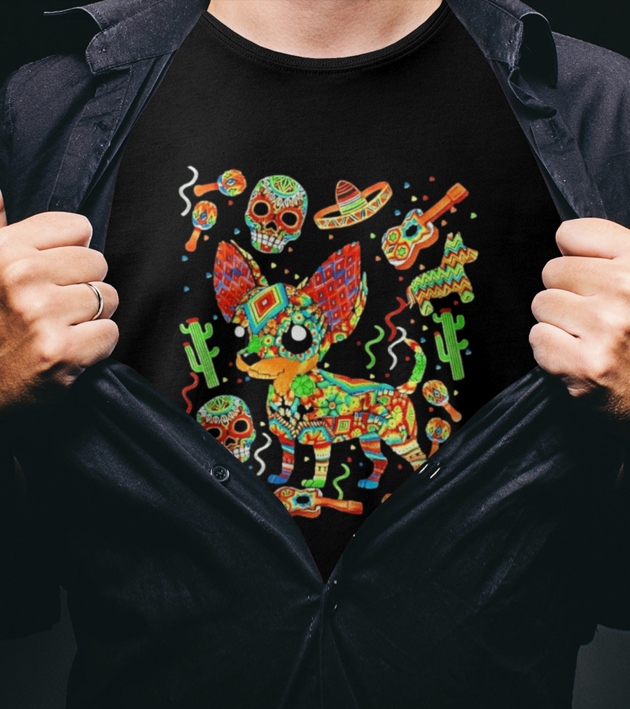 Fiesta Chihuahua Mexican Dia De Los Muertos Colorful Skull Sombrero Cactus Dog T-Shirt