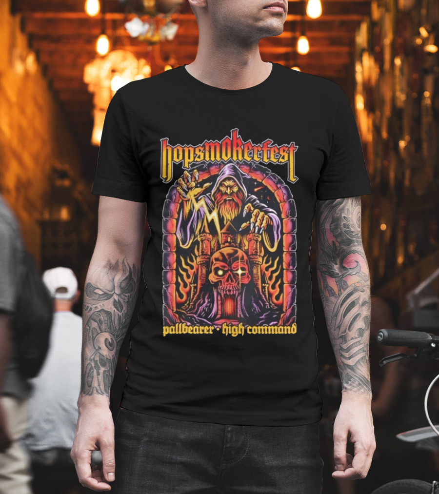 Hopsmokerfest Pallbearer High Command Wizard Lightning Bolt Skull Castle T-Shirt