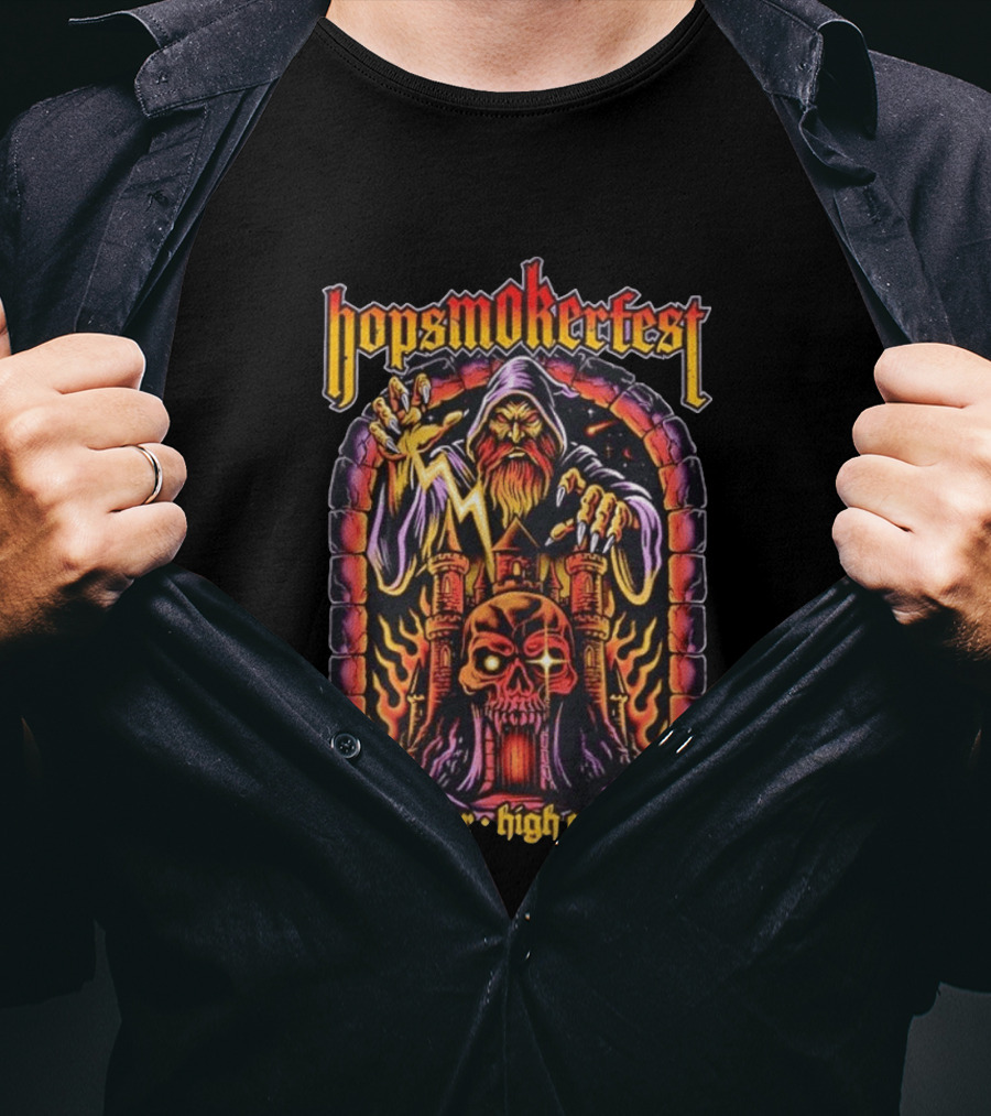 Hopsmokerfest Pallbearer High Command Wizard Lightning Bolt Skull Castle T-Shirt