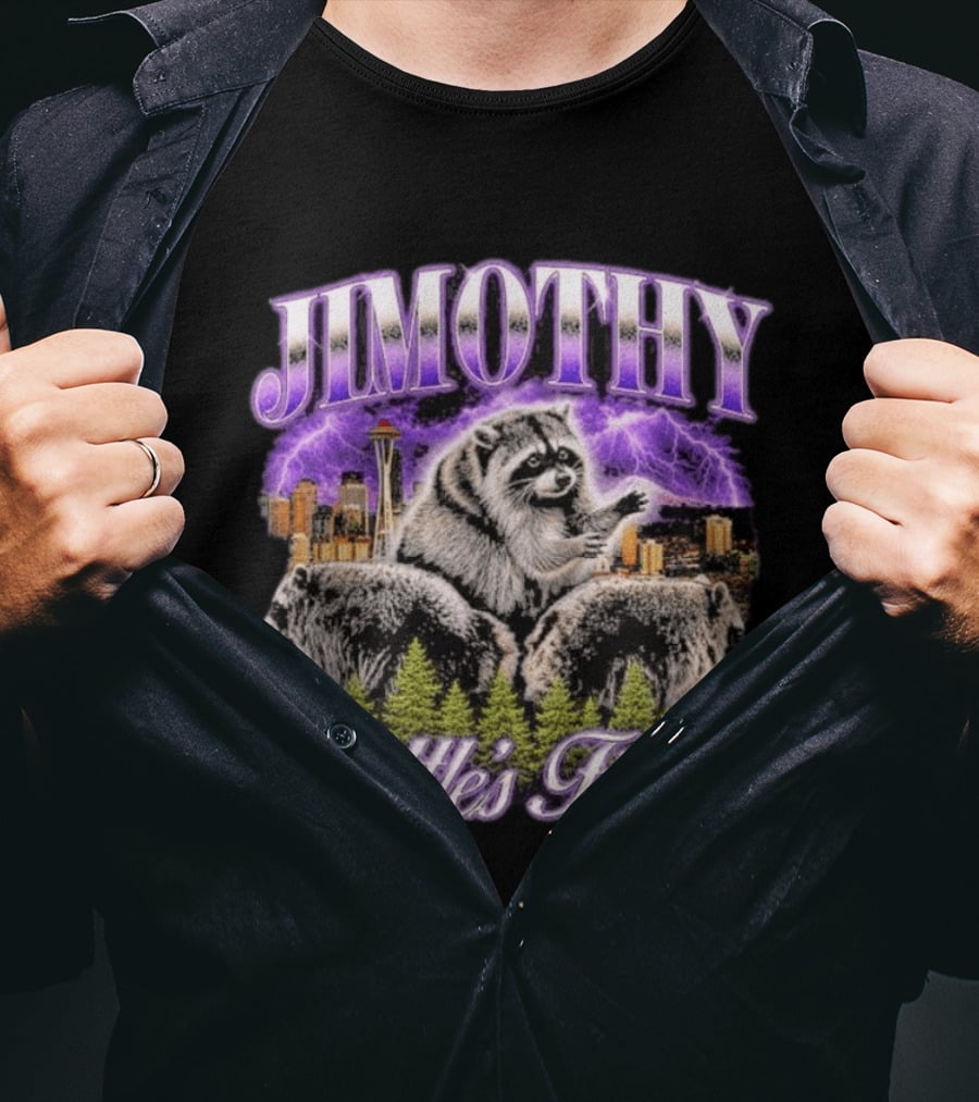 Jimothy Raccoon Seattle's Finest Purple Lightning Skyline And Forest T-Shirt
