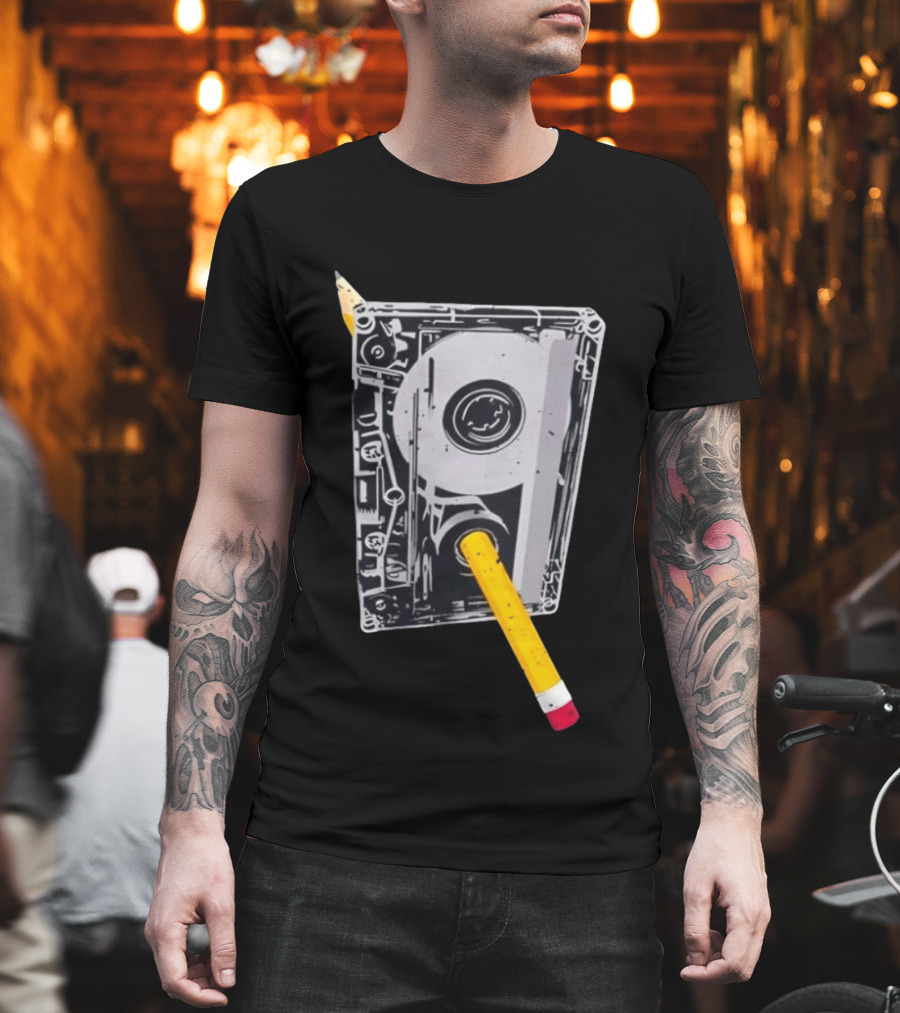 Rewind The Past Cassette Tape Pencil T-Shirt
