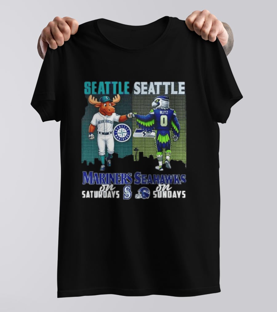 Seattle Mariners Moose And Seahawks Blitz On Saturdays Sundays T-Shirt