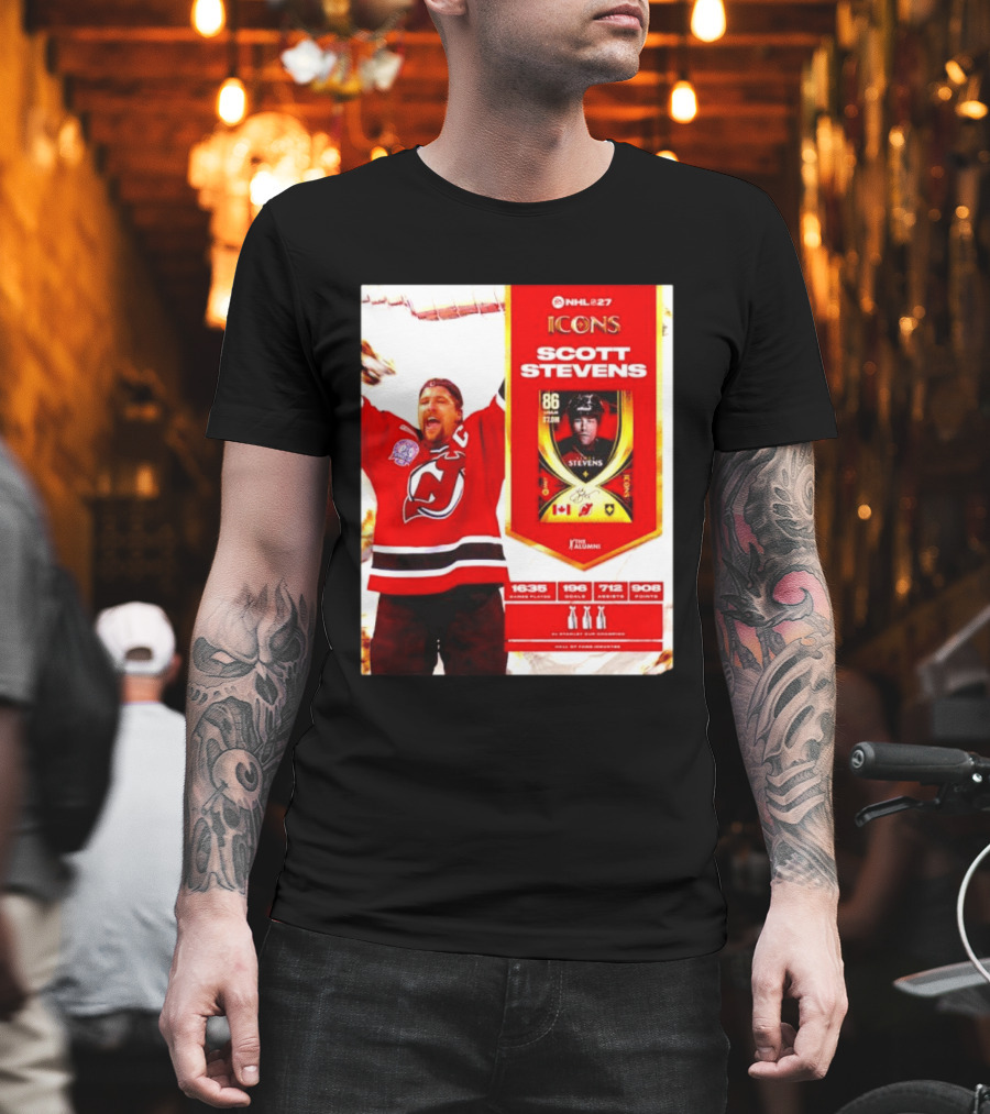 NHL 27 Icons Scott Stevens New Jersey Devils Hall Of Fame Legend T-Shirt
