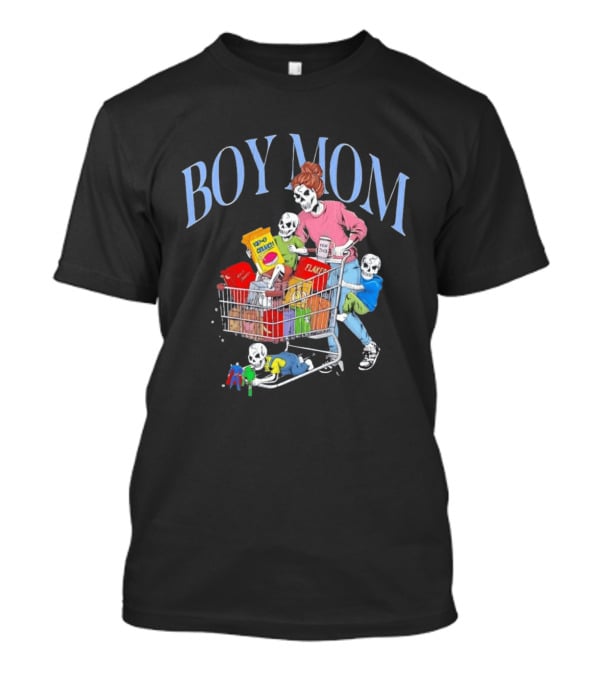 Boy Mom Skeleton With Kids Pushing Shopping Cart Eating Cereal T-Shirt