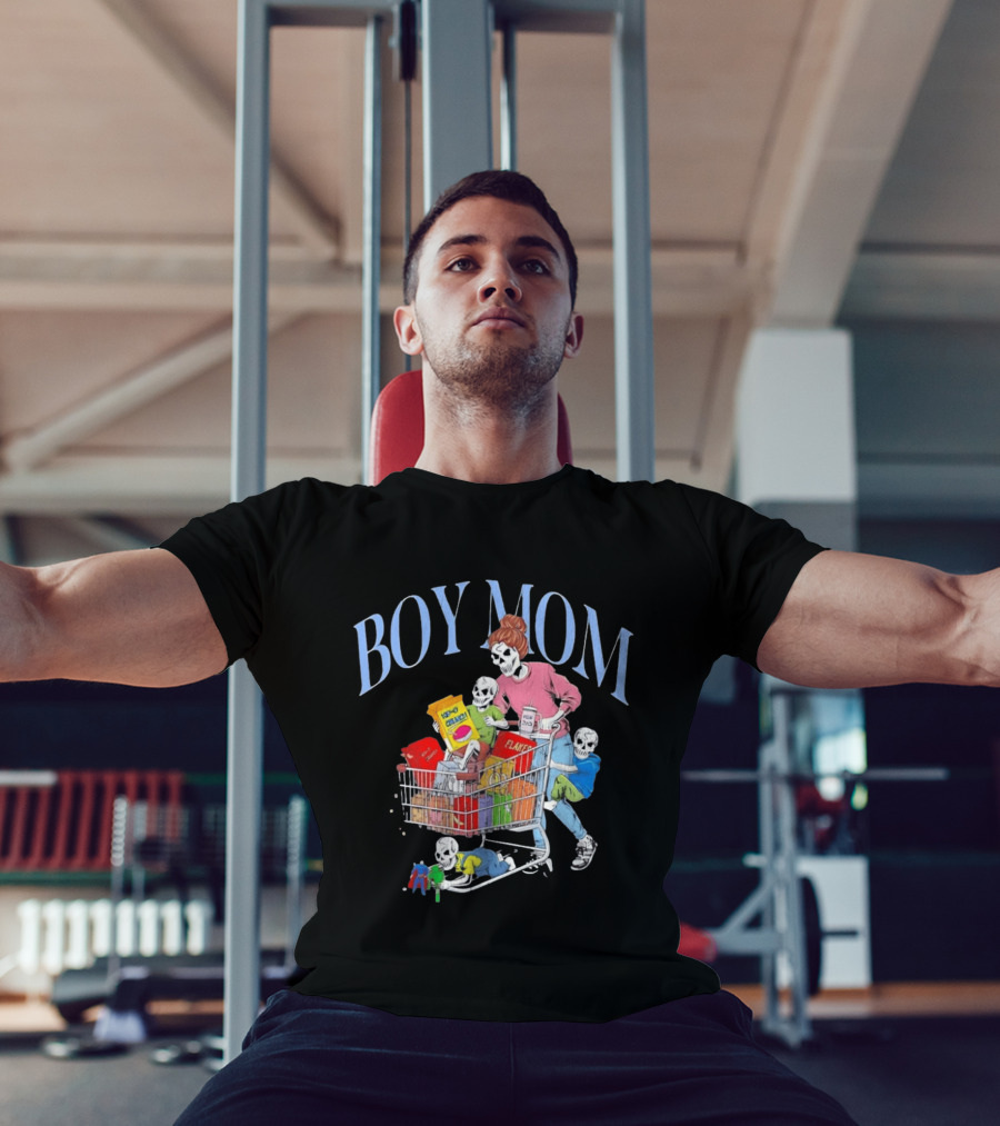 Boy Mom Skeleton With Kids Pushing Shopping Cart Eating Cereal T-Shirt