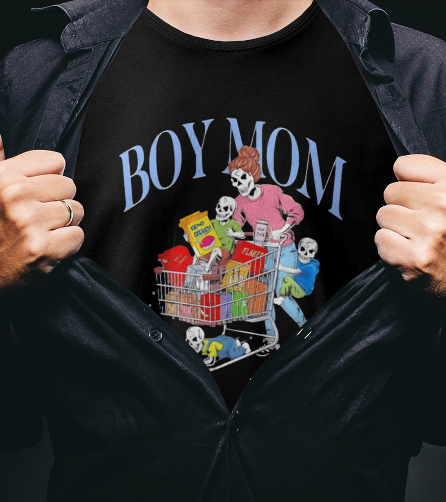 Boy Mom Skeleton With Kids Pushing Shopping Cart Eating Cereal T-Shirt