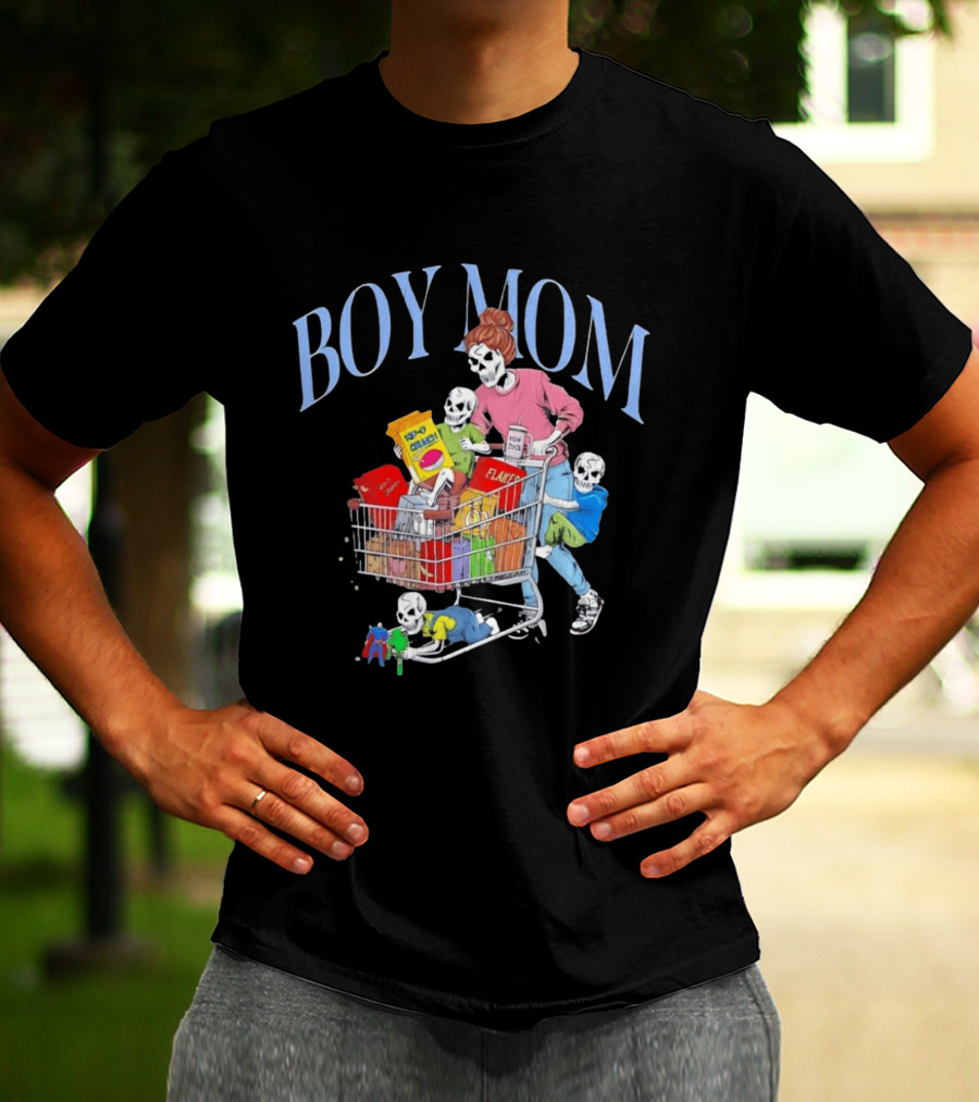 Boy Mom Skeleton With Kids Pushing Shopping Cart Eating Cereal T-Shirt