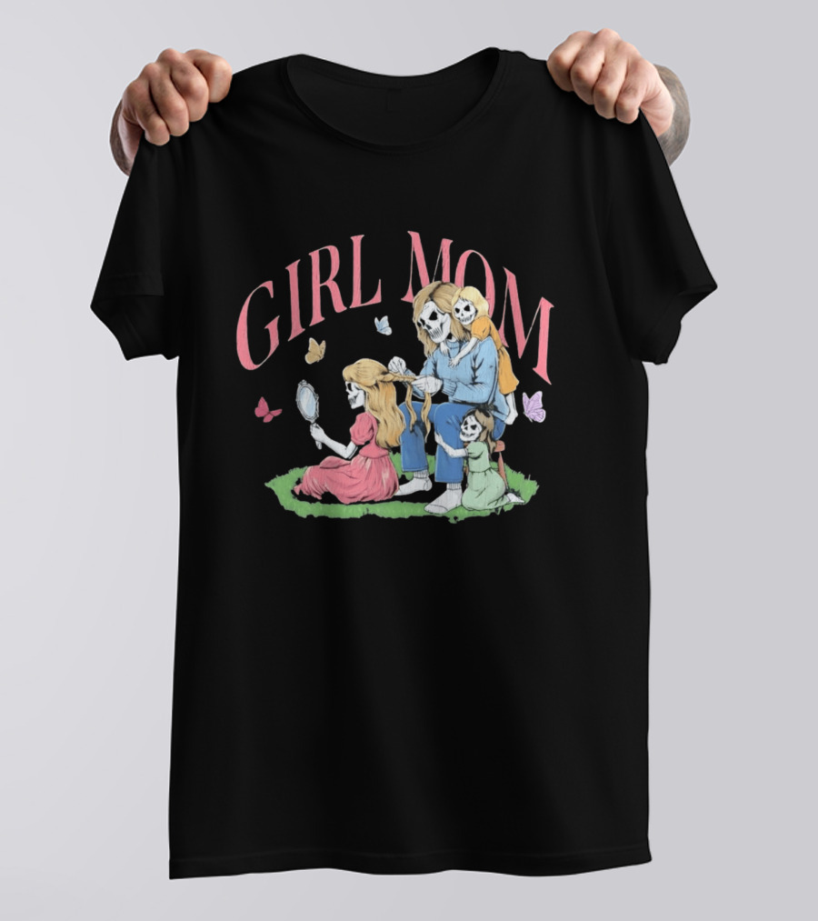 Girl Mom Skeleton Mother Braiding Hair With Daughters And Butterflies T-Shirt