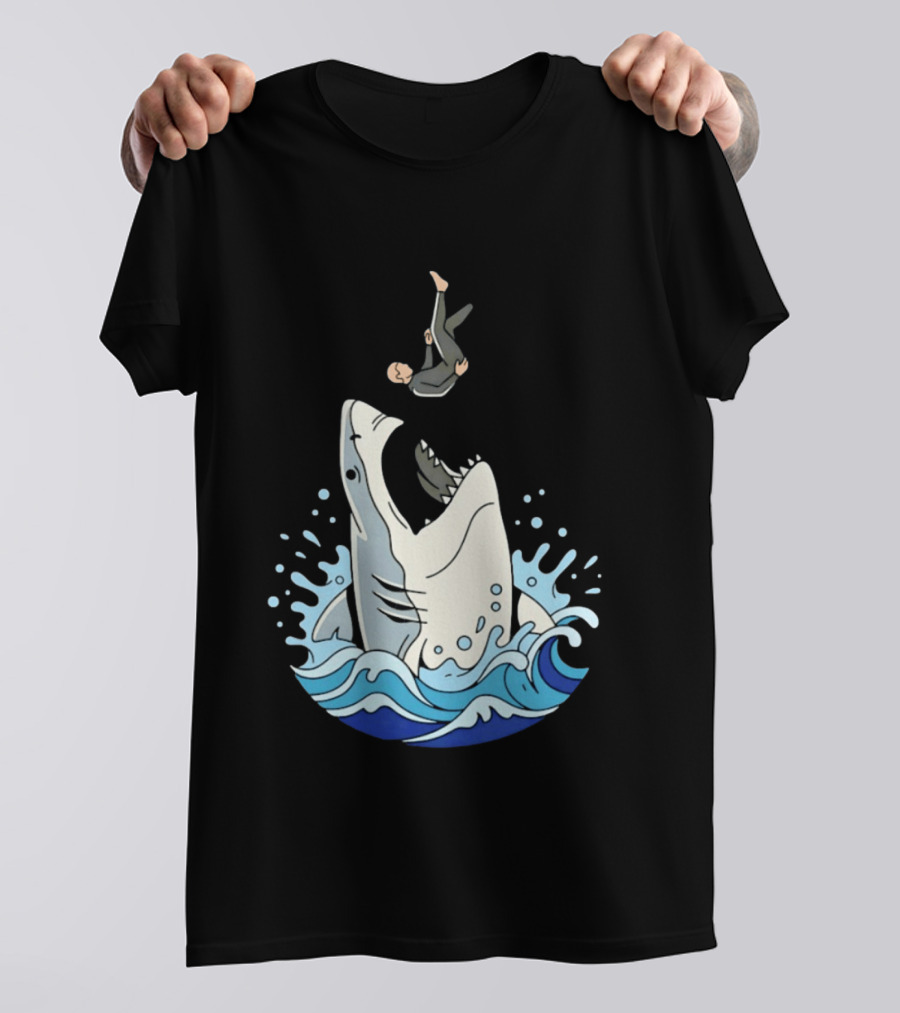 Great White Shark Surfer Falling Water Splash Scene T-Shirt