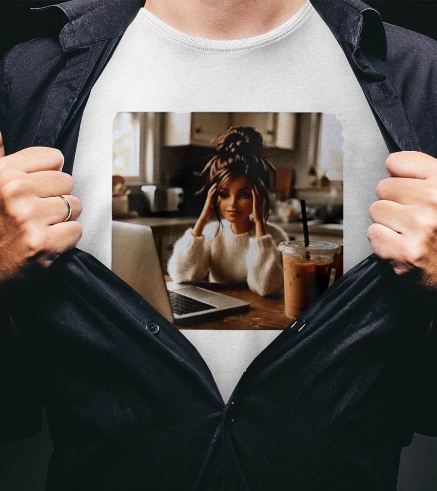 Crashing Out Barbie Girl With Coffee And Laptop Vibes T-Shirt