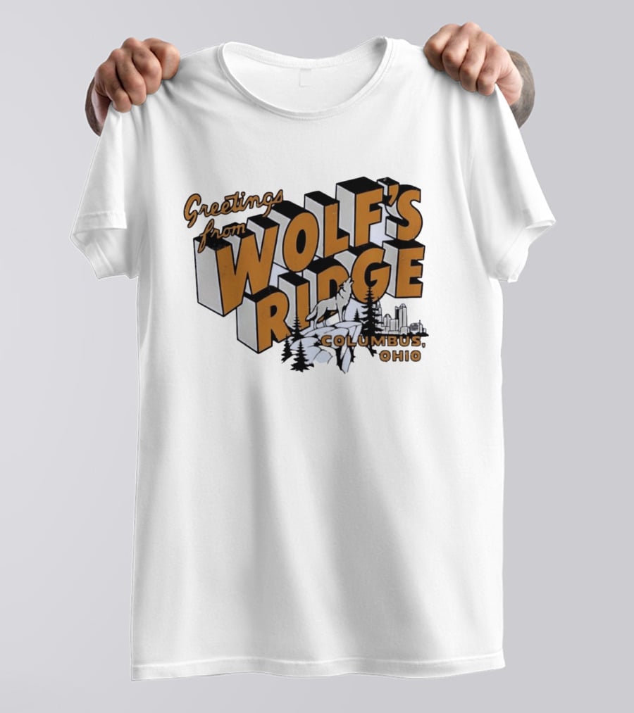 Greetings From Wolf's Ridge Columbus Ohio Wolf And Skyline Scene T-Shirt