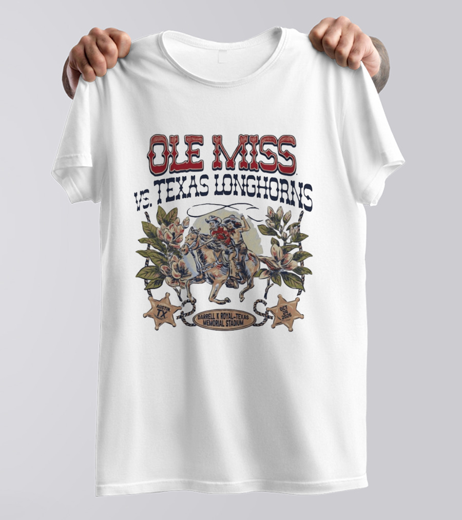 Ole Miss Vs Texas Longhorns Darrell K Royal Texas Memorial Stadium Austin TX October 2026 T-Shirt