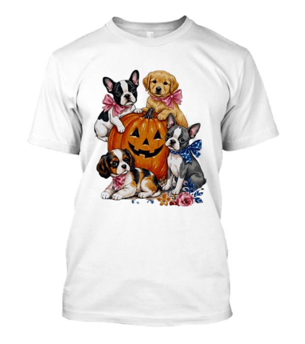 Puppies With Pink And Blue Bows Jack O' Lantern Pumpkin Halloween T-Shirt